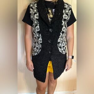 Wool mohair floral medium gray white black long sleeveless vest whimsical goth